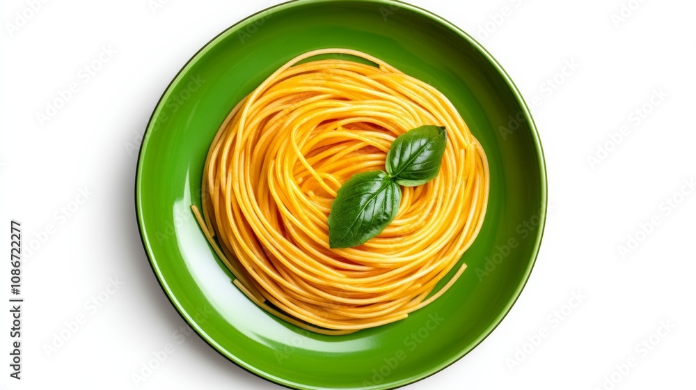 Poster plate of spaghetti with a green leaf on top. the leaf is placed on top of the spaghetti, creating a 