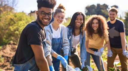 A group of friends participating in a community clean-up, collecting trash and promoting environmental care