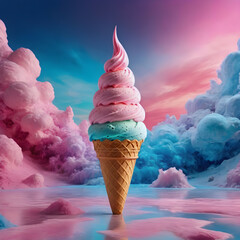 Ice cream in a waffle cone on a background of clouds.