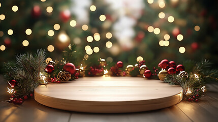 Cozy Holiday Display with Wooden Base, Pine Leaves, and Twinkling Fairy Lights