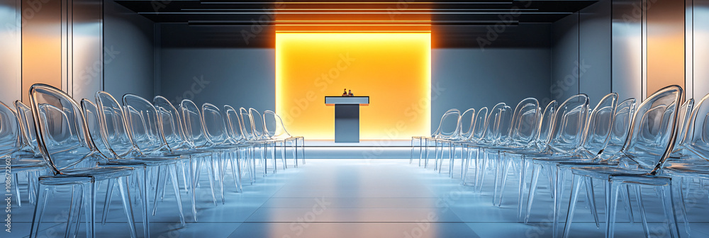 Poster rows of transparent floating chairs in a futuristic seminar room, with speakers addressing the audie