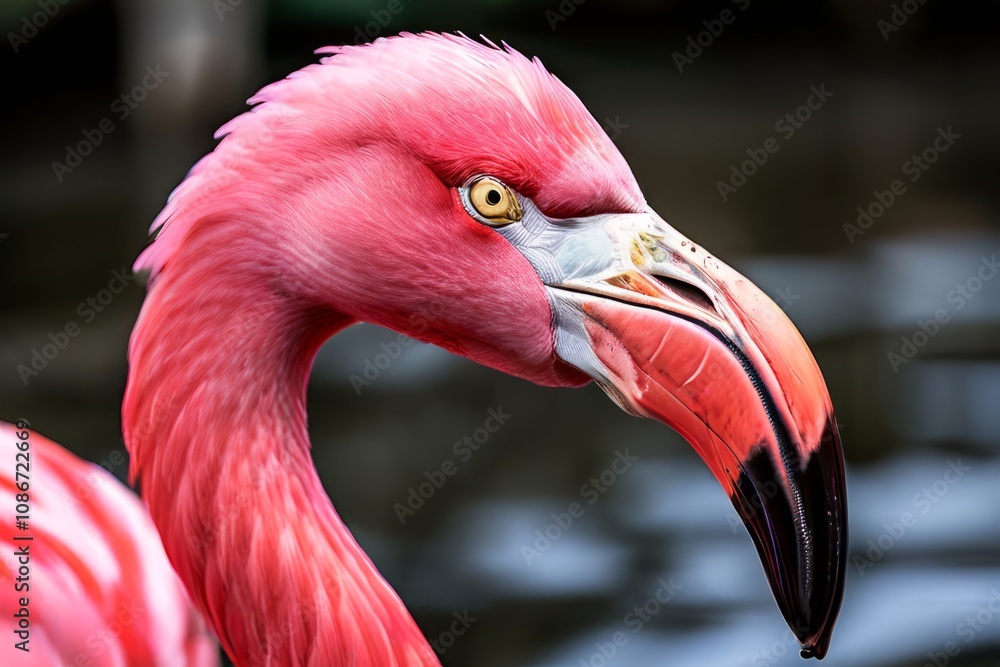 Poster close up of a flamingos face pink feathers curved beak and slend