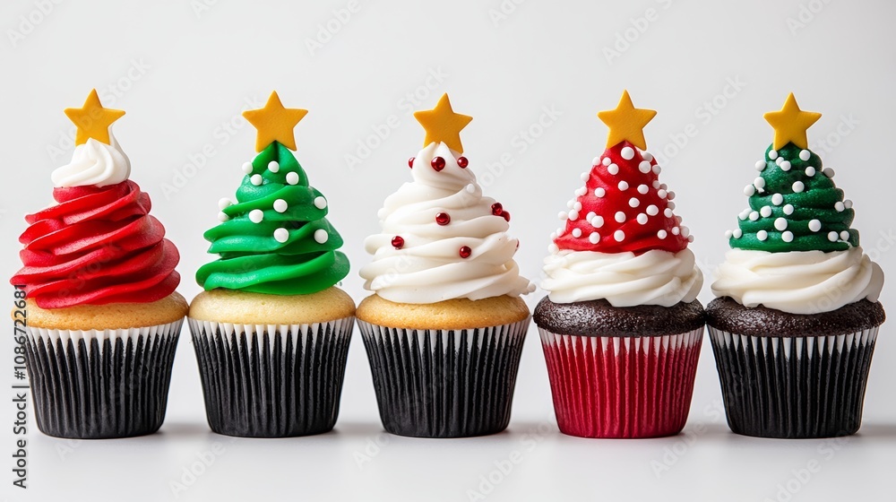 Poster group of five cupcakes with different colored frosting and a star on top. the cupcakes are arranged 