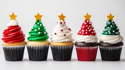 Group of five cupcakes with different colored frosting and a star on top. The cupcakes are arranged in a row, with the first one on the left and the last one on the right