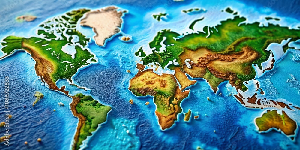 Poster a stunning high depth of field image of a world map featuring fiji, highlighting its unique geograph
