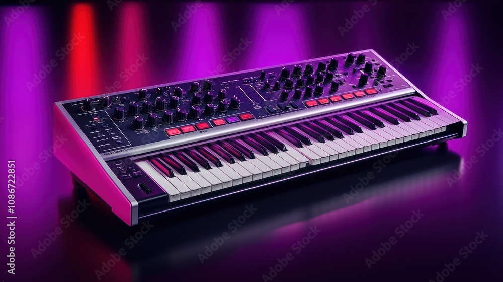 Poster A synthesizer keyboard with various controls and a sleek design, used for music production.
