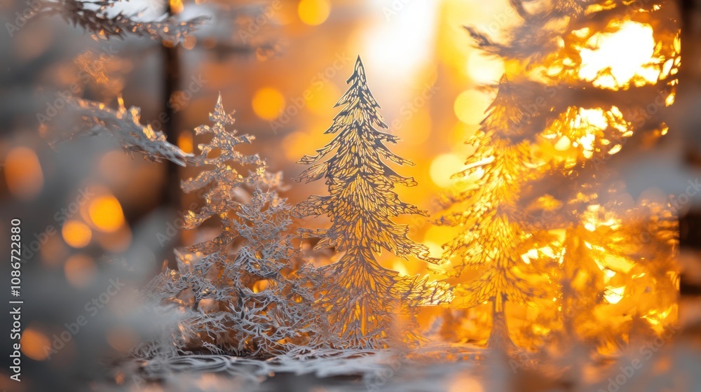 Poster a serene winter landscape with frosted trees illuminated by warm light.
