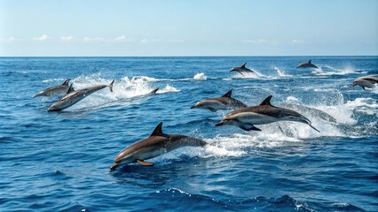 Fototapeta premium * A pod of dolphins swimming together in the open ocean, waves, marine, blue, pod, swim