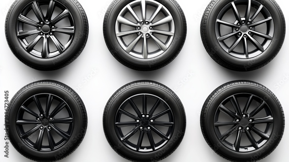 Poster row of black and gray tires are displayed on a white background. the tires vary in size and color, w
