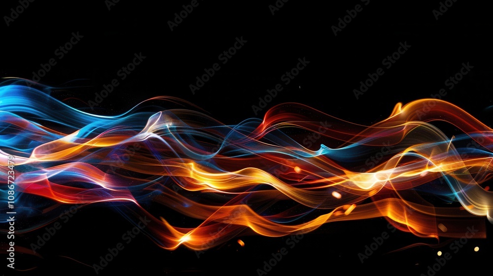 Poster colorful light trails creating abstract patterns in motion against a black background with blue, ora