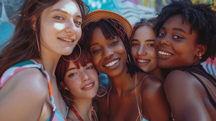 Fototapeta premium A group of friends taking a selfie, celebrating their diverse body types and shared friendship