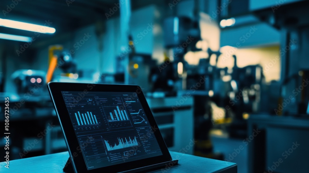 Aufkleber a tablet displaying data analytics in a dimly lit industrial environment.