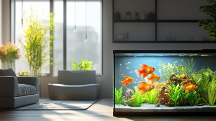 A serene living space featuring an aquarium with goldfish and lush plants.