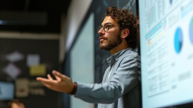 A passionate educator explaining a data chart during a presentation, using expressive gestures and engaging storytelling to captivate the audience