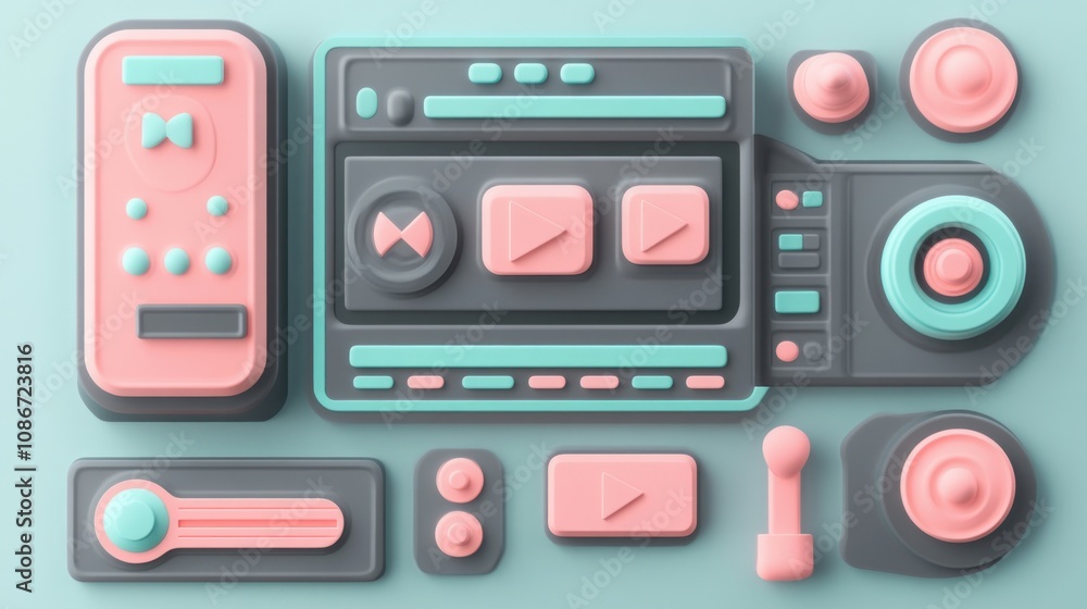 Aufkleber a collection of retro multimedia controls in pastel colors.