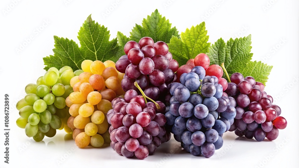 Aufkleber a vibrant display of five clusters of grapes in various colors and poses on a clean white background