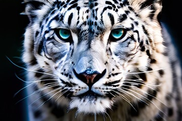 close up of a snow leopards face thick fur pale grey spots and b