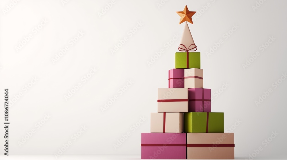 Poster christmas tree made of stacked boxes with a star on top. the boxes are of different colors and sizes
