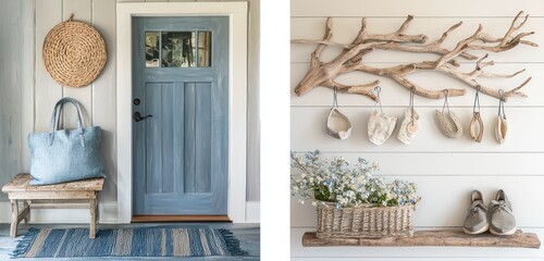 Driftwood accents in a coastal entryway with a soft blue and grey color scheme.