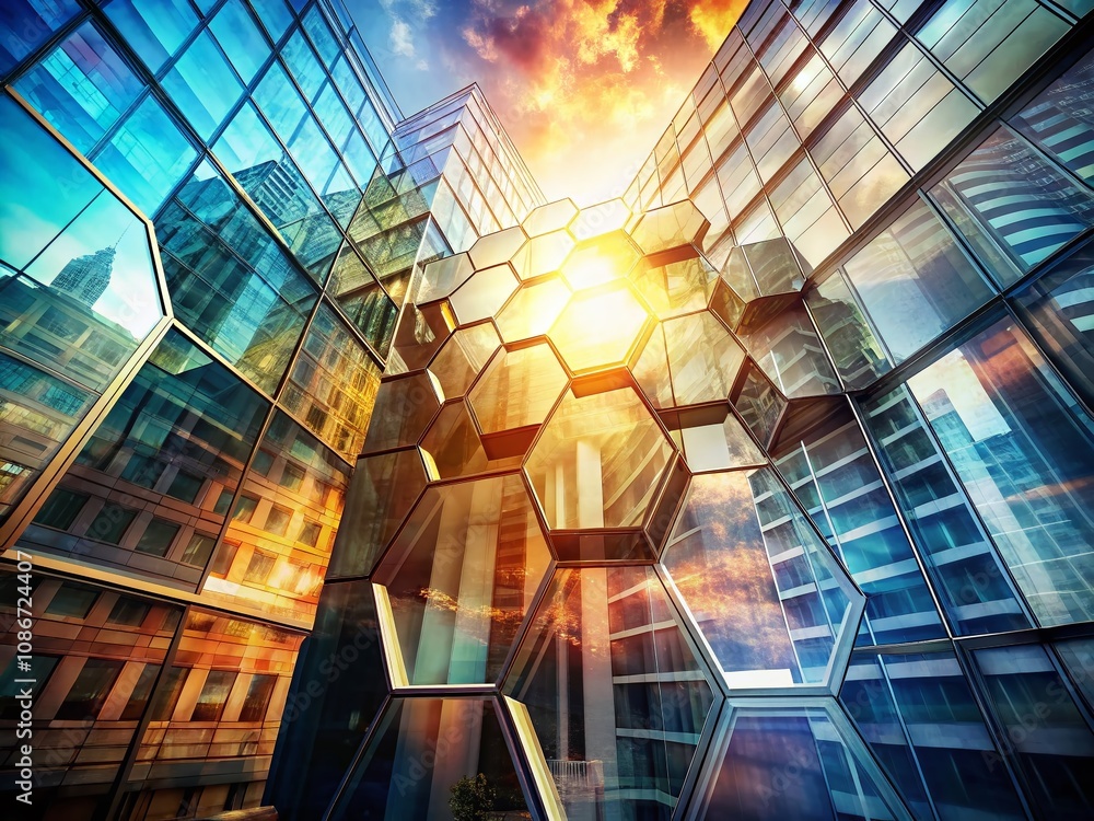 Poster abstract architectural background featuring hexagonal shapes with a vanishing effect, creating a dyn
