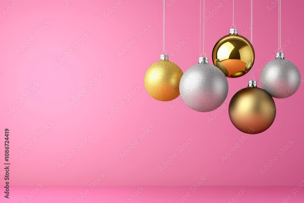 Poster pink background with a hanging cluster of gold and silver christmas ornaments. the ornaments are han