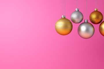 Row of Christmas ornaments hanging from a string. The ornaments are gold and silver
