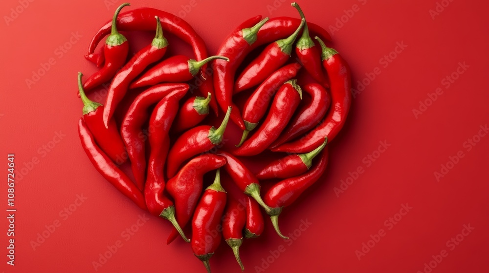 Poster heart made of red peppers. the peppers are arranged in a way that they look like they are hugging ea