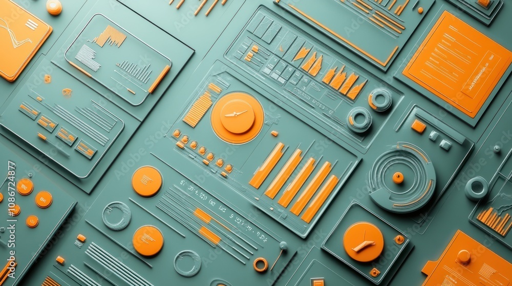 Poster A textured design featuring abstract graphs and controls in teal and orange colors.