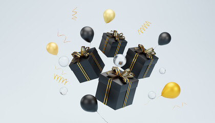 Black gift boxes with gold ribbons floating with balloons on light blue background