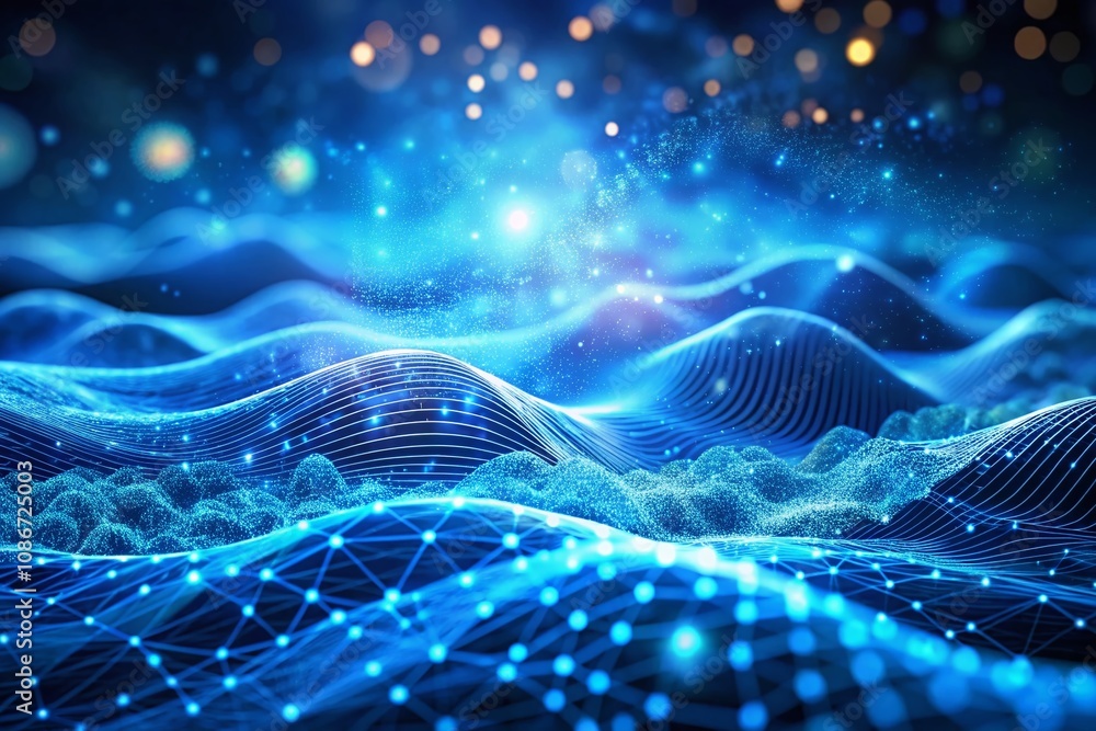 Poster abstract digital background featuring dynamic blue waves and floating particles illustrating connect