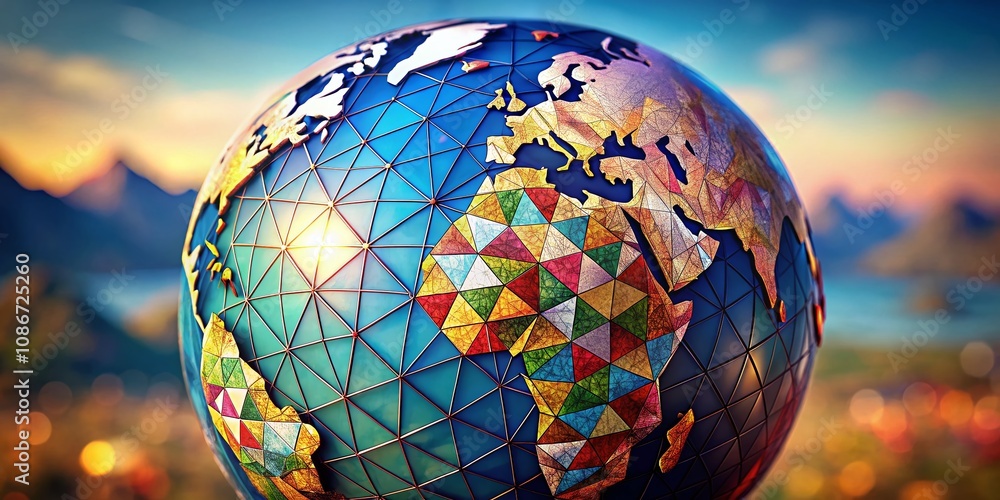 Poster abstract global design featuring a modern world map with geometric shapes and vibrant colors in rule