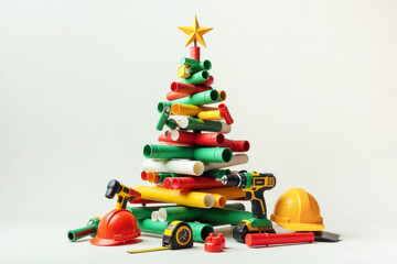 Creative abstract Christmas tree made from construction goods, like colorful pipes with measuring tape, safety helmet, hammer and gloves. Craft DIY decoration, theme of repair.