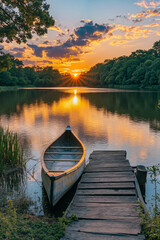 Fototapeta premium A canoe sits on a dock on a lake at sunset