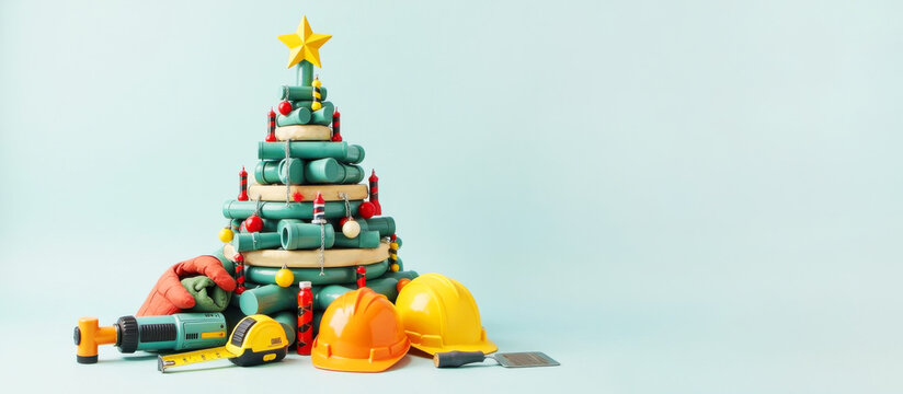 Christmas tree built from construction tools. Holiday decorations like pipes and garlands, spirit of innovation. Festive backdrop, holiday cheer with a theme of repair. Banner background, copy space.