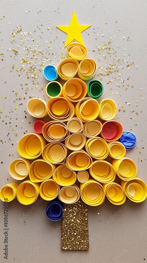 Aufkleber paper tree with many different colored paper cups as its branches. the tree is decorated with glitte