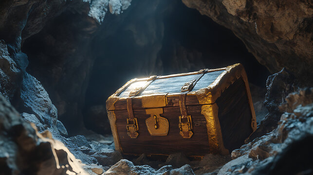 Ancient trustee&rsquo;s chest locked tight in forgotten cavern, enigmatic feel, 8k, hyper realistic, real life based