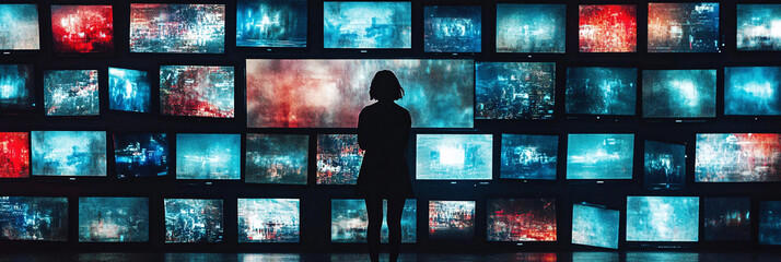 Silhouette of a Person Standing in Front of a Massive Wall of TV Screens, All Displaying Static, Depicting Chaos and Confusion 