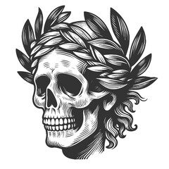 Obraz premium skull adorned with a laurel wreath, symbolizing victory and mortality, detailed vintage tattoo style sketch engraving generative ai raster illustration. Scratch board imitation. Black and white image.