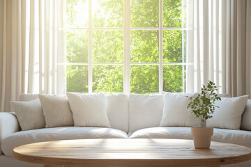 Bright living room with natural light, wooden coffee table, beige sofa, white pillows, and floral decor in a minimalist style