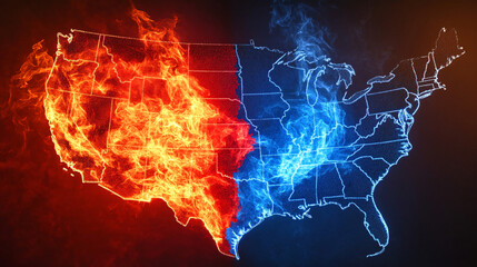 Split Map of the United States with Red and Blue Flames Burning on Opposite Sides, Representing Ideological Division 