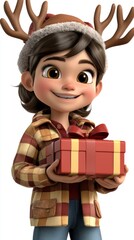 Adorable 3D Rendered Girl with Reindeer Antlers Holding a Christmas Gift