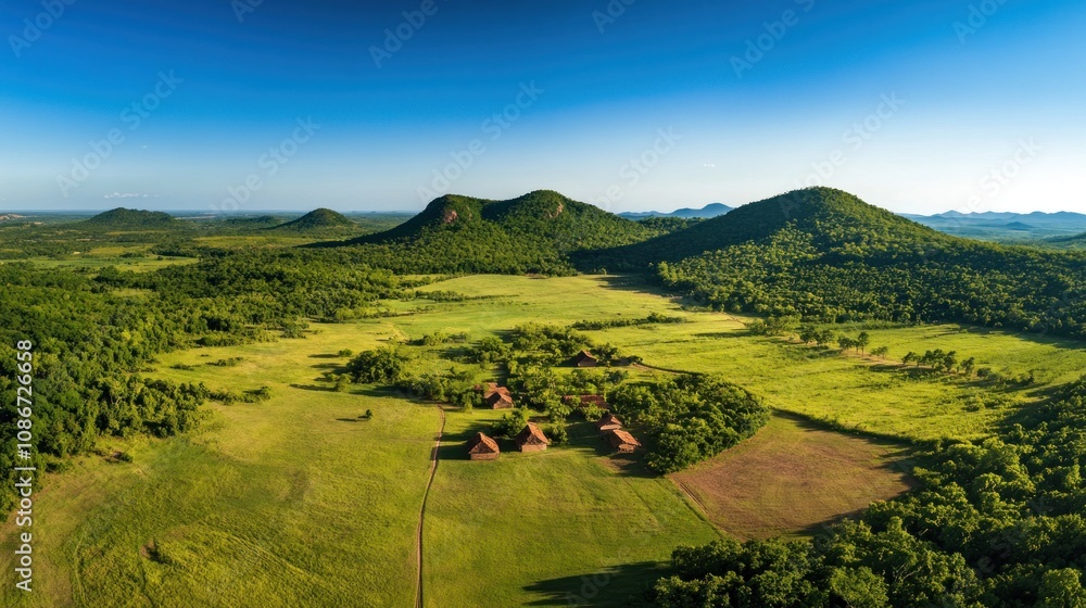 Poster Aerial view of lush green hills and a serene landscape with scattered structures.