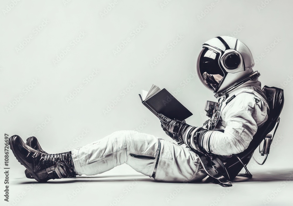 Aufkleber an astronaut reading a book while sitting against a plain background.