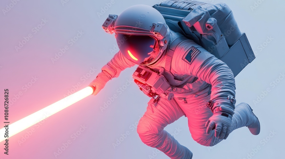 Poster an astronaut in space wielding a glowing red lightsaber.