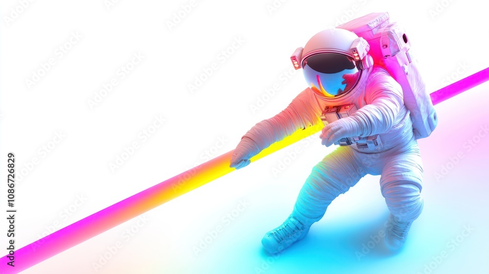 Poster a colorful astronaut interacts with a vibrant light beam in a futuristic setting.