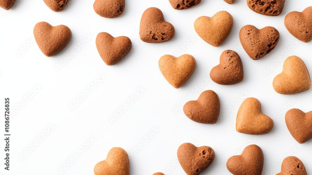 Poster row of brown and tan heart shaped cookies on a white background. the cookies are arranged in a way t