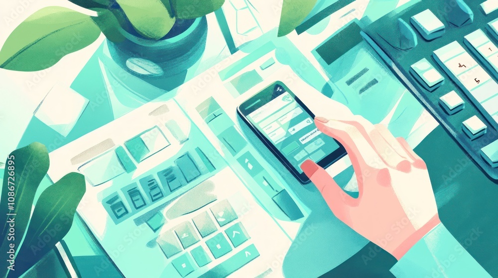 Poster A hand interacts with a smartphone on a desk with a keyboard and plants.