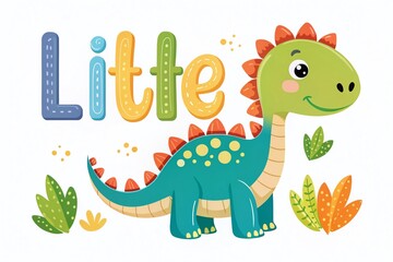 Adorable Cute Dinosaur with 'Little Dino' Lettering on White Background, Ideal for Print, Coloring Book, and Greeting Card Designs for Children and Dino Lovers