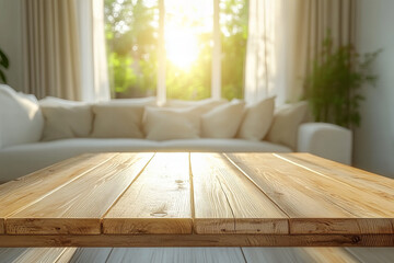 Serene living room interior with soft sunlight, neutral tones, rustic wooden table, plush beige sofa, white cushions, and a floral arrangement in a glass vase