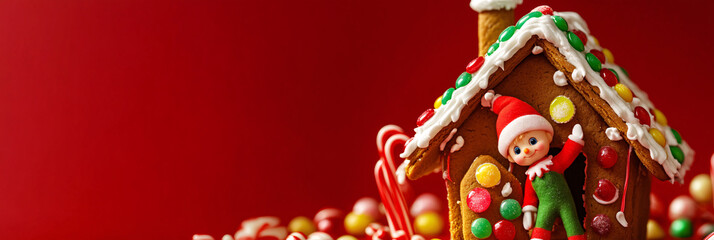 **Tiny Christmas Elf Building a Gingerbread House with Gumdrop Roof Tiles Against a Festive Red Background 